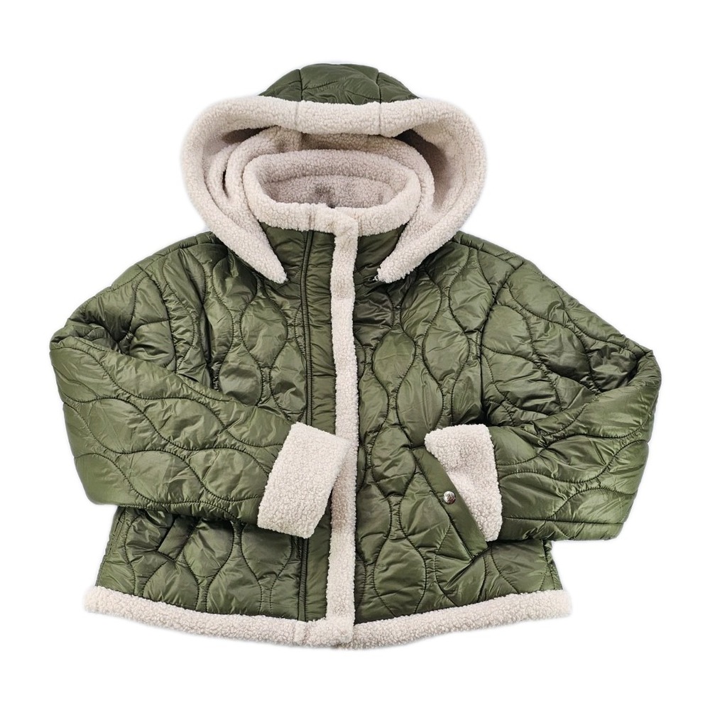 BLANK NYC Women's Quilted Puffer Jacket L Green Faux Fur Trim Removeable Hood
